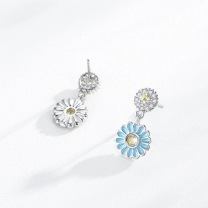 Elegant S925 sterling silver sunflower earrings with blue enamel and micro-pave zirconia