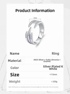 Detailed spec sheet showing S925 silver ring with purple enamel and cubic zirconia details