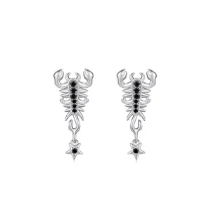 Boucles d'Oreilles Clous Scorpion en Argent Sterling 925 Punk Gothique Zirconia Noir Pendentif Étoile pour Femme Bijoux
