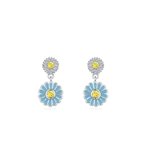 S925 silver sunflower drop earrings with blue enamel and sparkling micro-inlaid diamonds