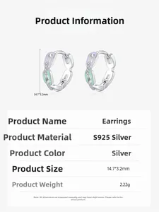 Detail view of S925 silver dopamine enamel hoop earrings with size dimensions and weight