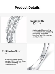 Detail of S925 sterling silver chain ring featuring micro-paved cubic zirconia and S925 hallmark