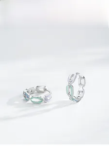 Detail view of S925 silver chain earrings with multi-color enamel and micro-pave crystals