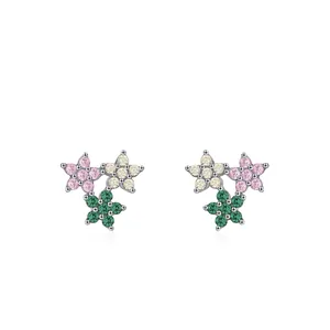 Boucles d'Oreilles Clous Fleur en Argent Sterling 925 et Zirconia Pour Femmes Grappe de Trois Fleurs Colorées Bijoux Mode Elégante