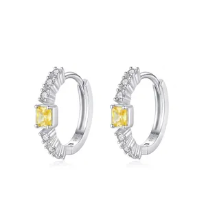 Boucles d'Oreilles Créoles en Argent Sterling 925 de Luxe pour Femmes Strass Jaune Carré Micro Incrusté Bijoux de Mode