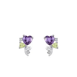 925 Sterling Silver Heart Stud Earrings For Women Light Luxury Purple Green Heart Zirconia Pave Fashion Jewelry Earrings