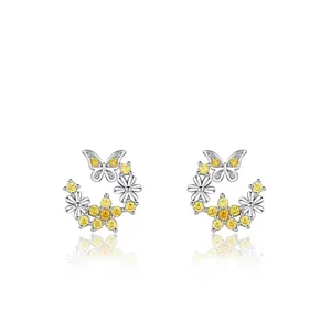Boucles d'Oreilles Clous en Argent Sterling S925 Forme Papillon Fleur Zirconia Jaune Micro Incrusté Bijoux pour Femmes
