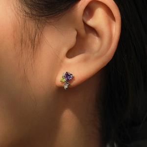 Elegant S925 sterling silver heart stud earrings with purple and green micro-pave crystals