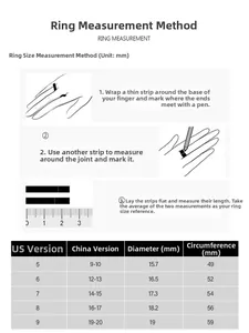 Size guide for S925 silver ring with diameter and circumference measurements in US sizes 5-9
