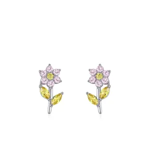 S925 Sterling Silver Flower Rainbow Zirconia Stud Earrings For Women Petite Sweet Floral Design Fashion Jewelry Gift