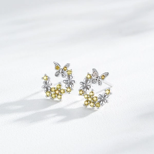 Boucles d'oreilles papillon et fleur en argent S925 avec pierres jaunes micro-incrustées