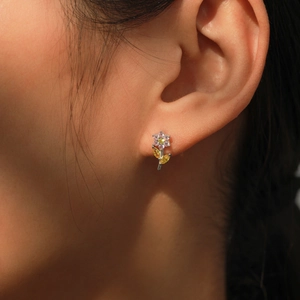 S925 sterling silver flower earrings with pink and yellow colorful zircon crystals