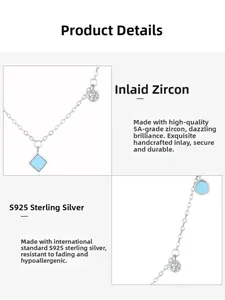 Macro view of S925 sterling silver necklace with light blue gemstone and 5A zircon charm