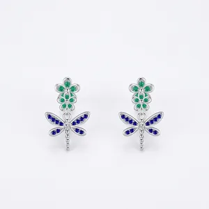 S925 Sterling Silver Dragonfly Flower Stud Earrings Micropave Zirconia Elegant Insect Jewelry For Women Small Aesthetic Earring Gift