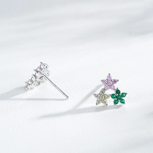 Boucles d'oreilles en argent S925 avec zircons en forme d'étoile rose, jaune et vert