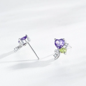 S925 sterling silver heart studs with purple and green zircon and micro-paved accents