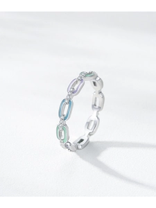 Detail of S925 silver chain ring with colorful enamel inlay and sparkling zircon pavé