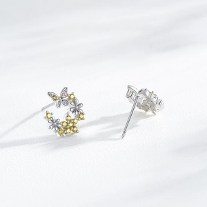 Boucles d'oreilles papillon et fleurs en argent S925 avec pierres jaunes