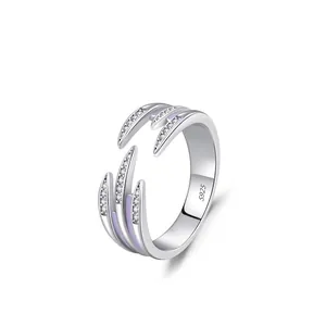 925 Sterling Silver Purple Enamel Adjustable Open Ring For Women Trendy Claw Shape Zirconia Inlaid Individual Jewelry Ring