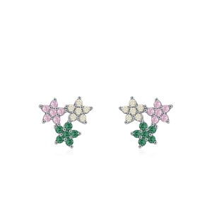Boucles d'oreilles clous en argent S925 avec trois fleurs en zircons multicolores