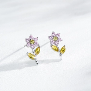 Elegant S925 silver flower stud earrings with pink and yellow rainbow zircon stones
