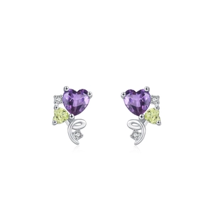 S925 silver heart stud earrings with purple and green crystals in minimalist design