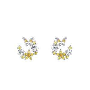 Boucles d'oreilles couronne de fleurs papillon argent 925 avec zircons jaunes brillants