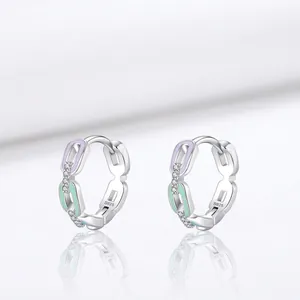 S925 Sterling Silver Chain Link Hoop Earrings For Women Colorful Enamel Rhinestone Micro Inlaid Huggie Earrings Jewelry Gift