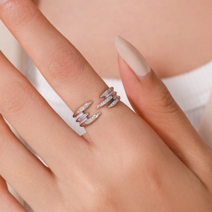 S925 sterling silver open ring with purple enamel and pavé zircons in a modern wrap design