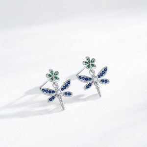 Elegant S925 silver dragonfly stud earrings with blue and green zircon stones on white