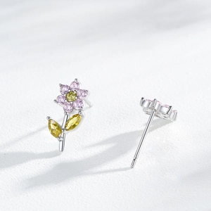 Elegant S925 silver flower stud earrings with pink and yellow cubic zirconia stones