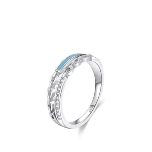 925 Sterling Silver Double Layer Chain Ring With Light Blue Enamel Rhinestone Inlaid Fashion Jewelry For Women