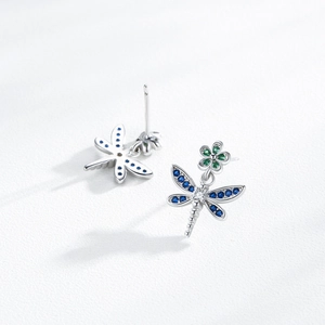 S925 silver dragonfly earrings with blue gemstone wings and green flower detail