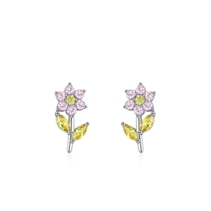 S925 sterling silver flower earrings with pink and yellow zircons in a floral design