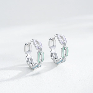 S925 silver chain hoop earrings with colorful enamel links and inlaid zircon accents