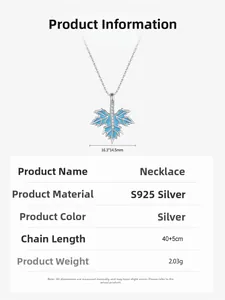 Detailed dimensions of blue enamel maple leaf pendant with S925 silver chain