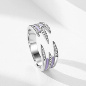S925 sterling silver open ring with lavender enamel and micro-set cubic zirconia
