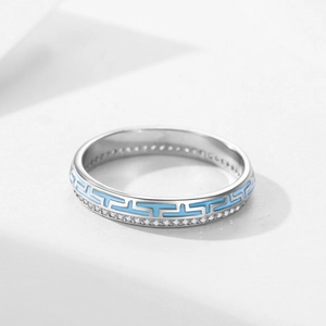 925 silver geometric blue enamel ring with micro-paved zircons in a modern style