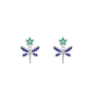 Elegant S925 silver dragonfly earrings with colorful zircon and green flower studs