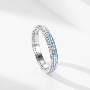 925 sterling silver geometric ring with blue enamel T-pattern and pave white zircons