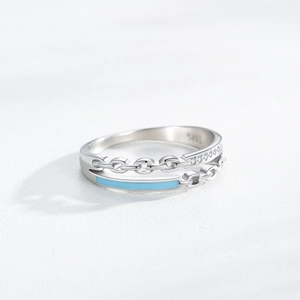 S925 sterling silver double-layer ring with blue enamel and pavé zircon accents