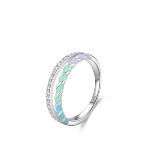 925 Sterling Silver Double Layer Stackable Ring With Colorful Enamel Micro Paved Rhinestone Geometric Rings For Women Jewelry