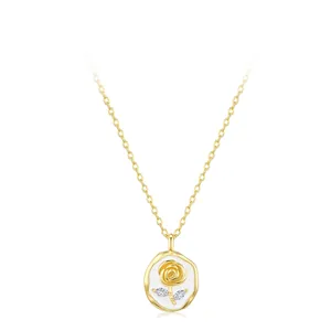 Collier Pendentif Rose en Argent Sterling S925 pour Femme Plaqué Or Émail Blanc Zirconia Incrusté Bijoux Élégants