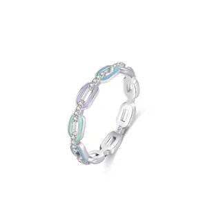 925 Sterling Silver Multi Color Enamel Chain Link Ring For Women Rhinestone Inlaid Stackable Geometric Band Jewelry Finger Ring