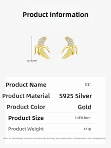 Detailed specs for 925 silver banana stud earrings with gold plating and cubic zirconia