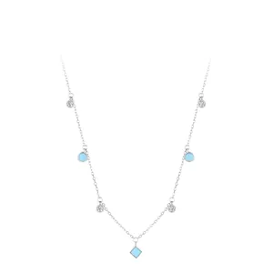 925 Sterling Silver Bohemian Necklace For Women Geometric Light Blue Enamel Pendant Zirconia Choker Chain Necklace Fashion Jewelry
