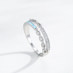 S925 sterling silver double-layer ring featuring sky blue enamel and micro-set diamonds