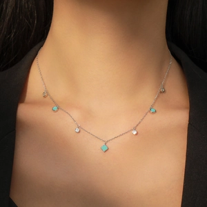 Bohemian S925 silver choker necklace with turquoise and zircon pendants on a model
