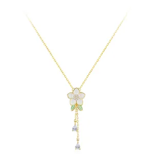 Collier Pendentif Orchidée en Argent Sterling 925 pour Femmes Plaqué Or Émail Blanc Zirconia Gland Bijoux de Mode