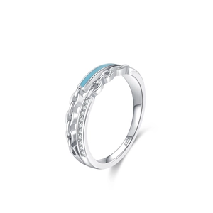 S925 sterling silver triple layer ring with light blue enamel, chain link, and crystals